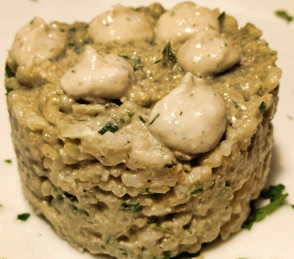 Riso integrale con crema di melanzane e manteca di anacardi al finocchietto